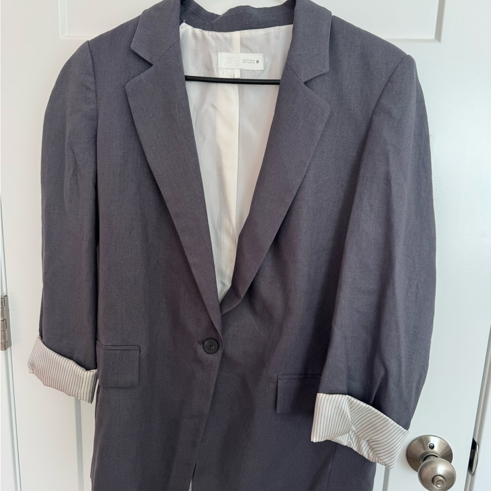 Zara Charcoal Gray Single-Button Linen Blazer